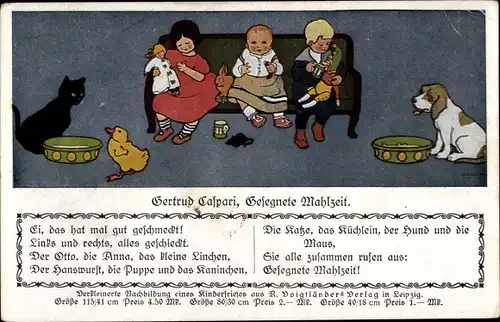 Künstler Ak Caspari, Gertrud, Gesegnete Mahlzeit, Kinder, Puppe, Hanswurst, Katze, Hund