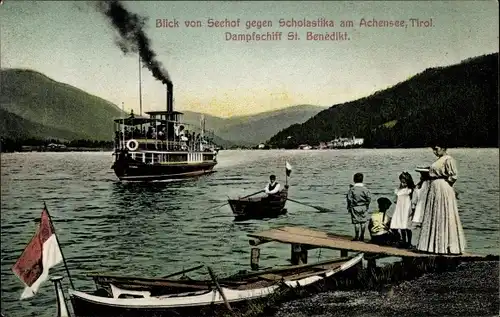 Ak Scholastika Achenkirch in Tirol, Blick von Seehof gegen den Ort, Salondampfer St. Benedikt