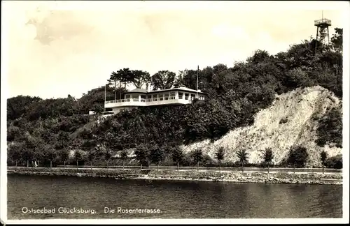 Ak Ostseebad Glücksburg, Wasserpartie mit Blick auf die Rosenterrasse