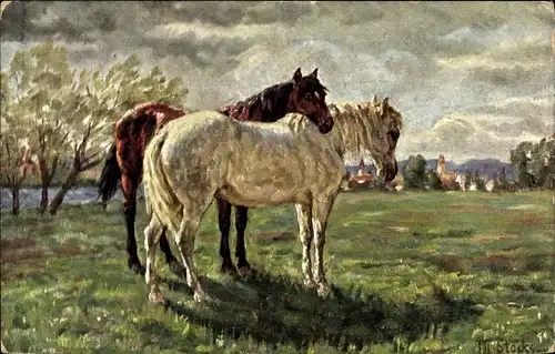 Künstler Ak Stocks, Zwei Pferde auf der Koppel, Ortschaft