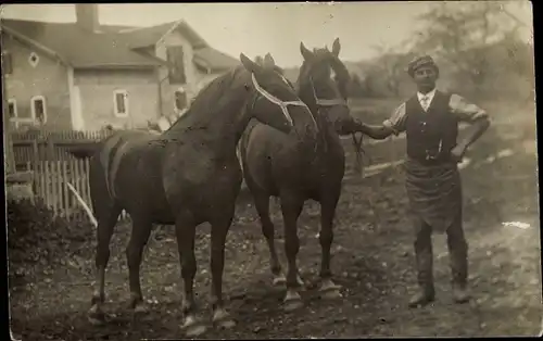 Foto Ak Mann mit zwei Pferden vor einem Gebäude
