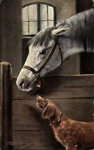 Künstler Ak Müller, August, Pferd mit Zaumzeug und Hund im Stall