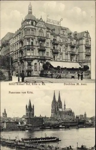 Ak Köln am Rhein, Hotel Kölner Hof, Stadtpanorama, Schiffbrücke