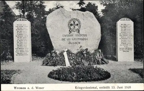 Ak Wremen Wurtser Nordseeküste Niedersachsen, Kriegerdenkmal, enthüllt 13. Juni 1920