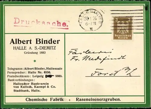 Ak Diemitz Halle an der Saale, Chemische Fabrik Albert Binder, Raseneisenerzgruben, Reklame