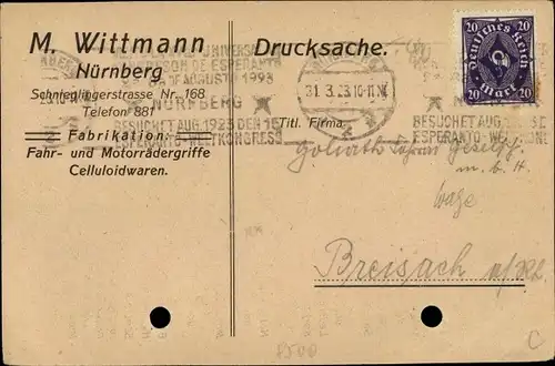 Ak Nürnberg, Firma M. Wittmann, Schnieglingerstraße 169, Fahr und Motorrädergriffe, Celluloidwaren