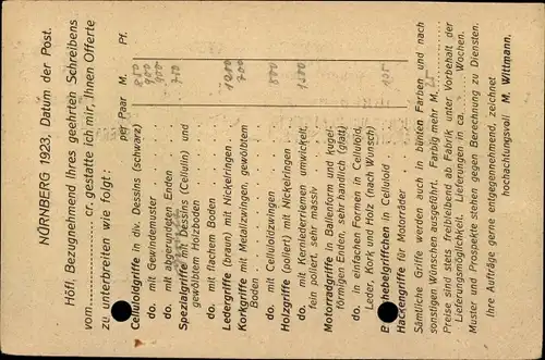 Ak Nürnberg, Firma M. Wittmann, Schnieglingerstraße 169, Fahr und Motorrädergriffe, Celluloidwaren