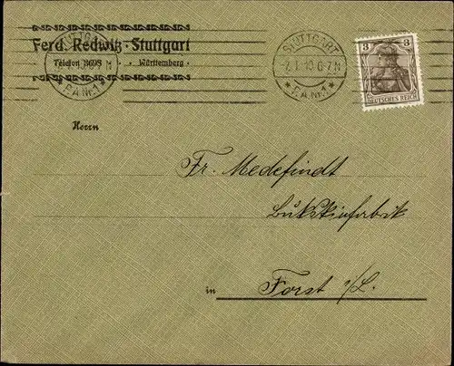 Briefumschlag Stuttgart in Baden Württemberg, Ferd. Redwitz