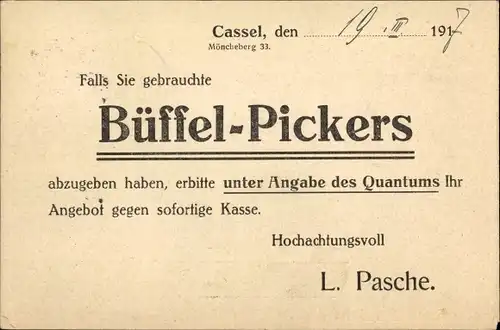 Ak Kassel in Hessen, Reklame, L. Pasche, Möncheberg 33, Büffel Pickers