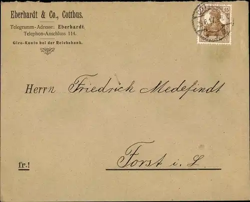 Briefumschlag Cottbus Brandenburg, Firma Eberhardt & Co.