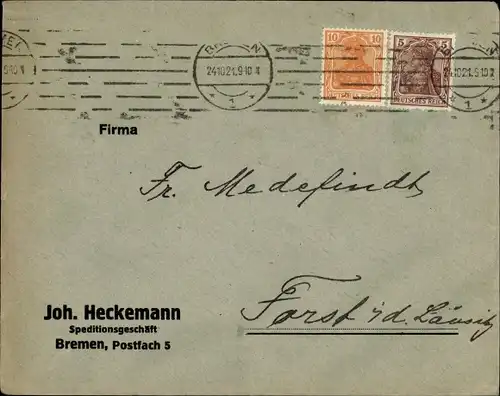 Briefumschlag Hansestadt Bremen, Speditionsgeschäft Joh. Heckemann