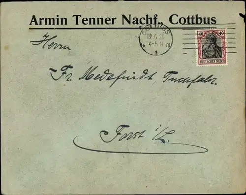 Briefumschlag Cottbus Brandenburg, Armin Tenner Nachf.