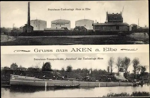 Ak Aken an der Elbe Sachsen Anhalt, Petroleum-Tankanlage, Transportkahn Berolina