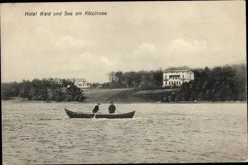 Ak Ostseebad Kölpinsee auf Usedom, Hotel Wald und See, Ruderboot