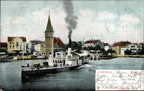 Ak Lindau am Bodensee Schwaben, Hafen, Dampfer legt ab, Stadt, Turm