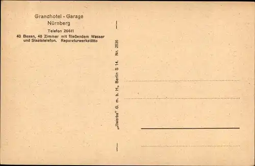 Ak Nürnberg in Mittelfranken Bayern, Grandhotel Garage, Automobil, Außenansicht