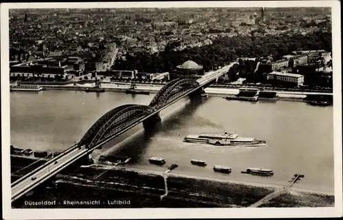 Ak Düsseldorf am Rhein, Rheinansicht, Rheinbrücke, Dampfer, Fliegeraufnahme