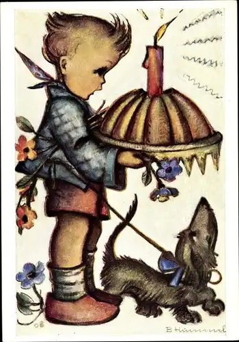 Künstler Ak Hummel, Berta, Und viele viele Jahre noch, Nr. 14384, Kind mit Geburtstagskuchen, Dackel