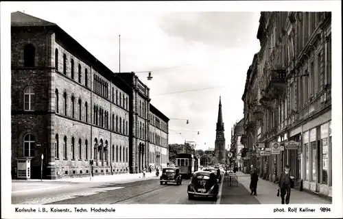 Ak Karlsruhe in Baden, Kaiserstraße, Techn. Hochschule, Straßenbahn, Autos, Geschäfte