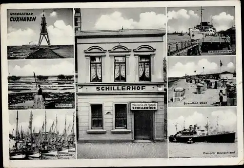 Ak Nordseebad Cuxhaven, Hotel Schillerhof, Seebäderbrücke, Strand Döse, Dampfer Deutschland