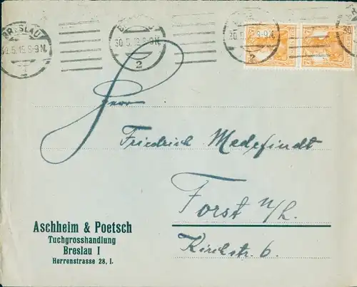 Ak Wrocław Breslau Schlesien, Briefumschlag, Aschheim & Poetsch, Tuchgroßhandlung, Herrenstraße 28