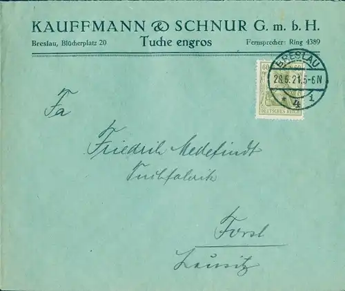 Ak Wrocław Breslau Schlesien, Briefumschlag, Kauffmann & Schnur, Tuchgroßhandlung, Blücherplatz 20