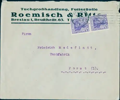 Ak Wrocław Breslau Schlesien, Briefumschlag, Tuchgroßhandlung Roemisch & Ritter, Reuschestraße 63