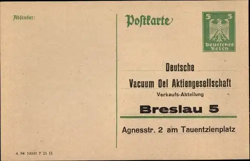 Ganzsachen Ak Wrocław Breslau Schlesien, Deutsche Vacuum Öl AG, Agnesstraße 2