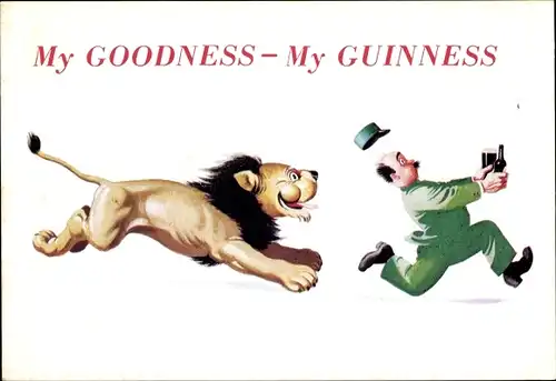 Ak Reklame, My Goodness my Guinness, Löwe verfolgt Mann mit Bierglas