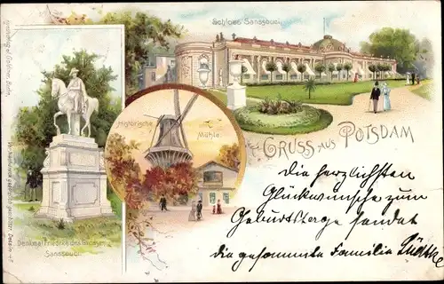 Litho Potsdam in Brandenburg, Historische Mühle, Schloss Sanssouci, Denkmal Friedrich des Großen