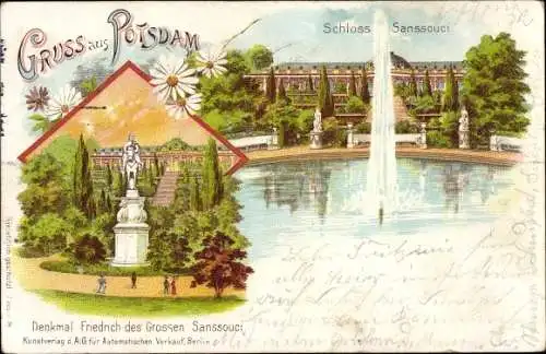 Litho Potsdam in Brandenburg, Schloss Sanssouci, Denkmal Friedrich des Großen