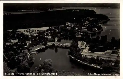 Ak Nedlitz Potsdam in Brandenburg, Römerschanze am Jungfernsee, Restaurant, Fliegeraufnahme