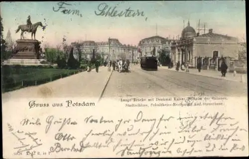 Ak Potsdam in Brandenburg, Lange Brücke, Denkmal Kaiser Wilhelm des Großen, Schultheiss Restaurant