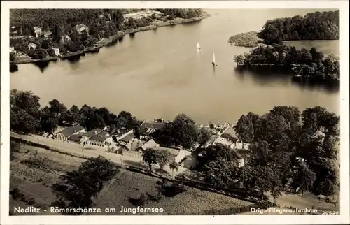 Ak Nedlitz Potsdam in Brandenburg, Wirtshaus zur Römerschanze am Jungfernsee, Fliegeraufnahme