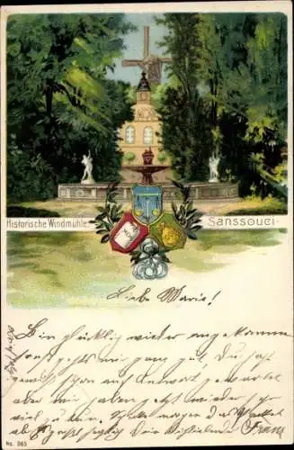 Litho Potsdam in Brandenburg, Schloss Sanssouci, Historische Windmühle