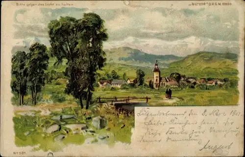 Halt gegen das Licht Litho Landschaft mit Ortschaft, Meteor 581