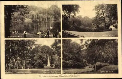 Ak Berlin Friedrichshain, Schwanenteich, Großer Teich, Denkmal Friedrich des Großen, Park