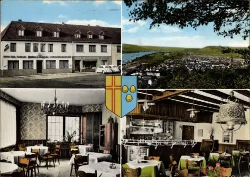 Ak Rheinbrohl am Mittelrhein, Gasthaus Zum Hölz, Wappen, Panorama