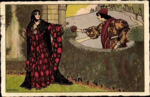 Jugendstil Künstler Ak Mann schenkt Frau eine Rose