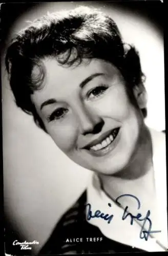 Ak Schauspielerin Alice Treff, Portrait in die Kamera lachend, Autogramm