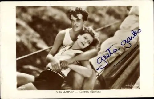 Ak Schauspielerin Greta Garbo, Schauspieler Nils Asther, Filmszene, Autogramm G. G.