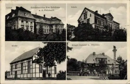 Ak Rząśnik Schönwaldau Schlesien, Schloss, Kirche, Schule, Kriegerdenkmal, Pfarrhaus