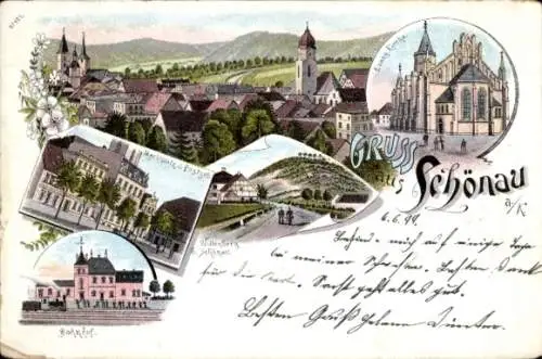 Litho Świerzawa Schönau an der Katzbach Schlesien Polen, Bahnhof, Marktplatz, Post, Kirche