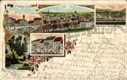 Litho Świerzawa Schönau an der Katzbach Schlesien Polen, Steinbachthal, Bahnhof, Obermarkt