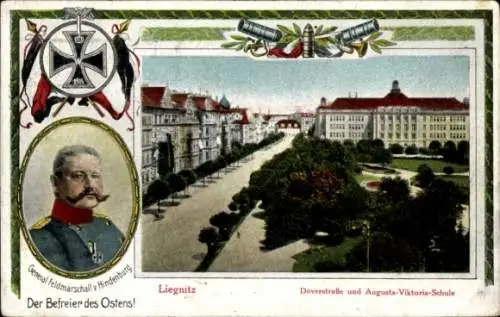 Passepartout Ak Legnica Liegnitz Schlesien, Doverstraße und Augusta Viktoria Schule, Hindenburg