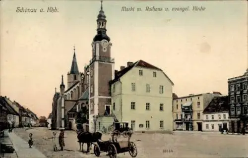 Ak Świerzawa Schönau an der Katzbach Schlesien Polen, Markt, Rathaus, evangelische Kirche