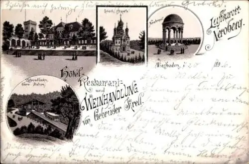 Litho Wiesbaden, Hotel und Weinhandlung Krell, Nerotempel, Griechische Kapelle, Zahnradbahn