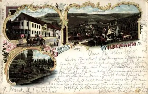 Litho Wildemann Clausthal Zellerfeld im Oberharz, Hotel zum wilden Mann, Gesamtansicht