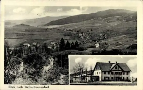 Ak Dziwiszów Berbisdorf Niederschlesien, Gasthaus zur Kapelle, Panorama, Tiefhartmannsdorf