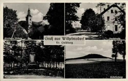 Ak Sędzimirów Wilhelmsdorf Schlesien, Kirche, Schule, Kriegerdenkmal, Dorfstraße, Gröditzberg